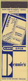 Matchbook Cover - Bennie's Restaurant York PA