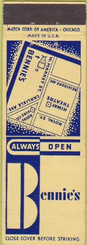 Matchbook Cover - Bennie's Restaurant York PA