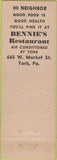 Matchbook Cover - Bennie's Restaurant York PA