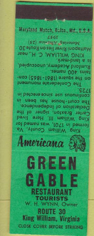 Matchbook Cover - Green Galbe Restaurant King William VA Perkins Americana