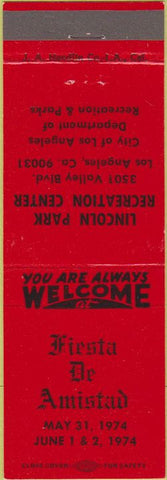 Matchbook Cover - Fiesta De Amistad Lincoln Park Rec Los Angeles CA 1974