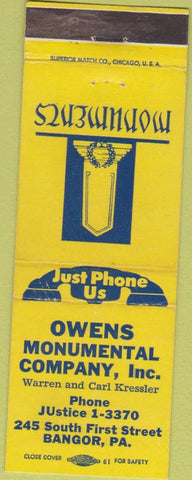 Matchbook Cover - Owens Monuments Bangor PA headstones