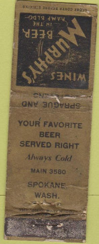 Matchbook Cover - Wurphy's Wines Beer Spokane WA POOR