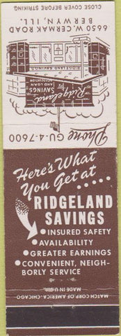 Matchbook Cover - Ridgeland Savings Bank Berwyn IL