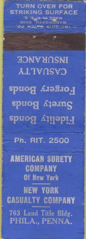 Matchbook Cover - American Surety Insurance Philadelphia PA