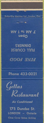 Matchbook Cover - Gettas Restaurant London ON