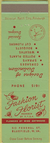Matchbook Cover - Fashion Florist Flowers Bluefield WV