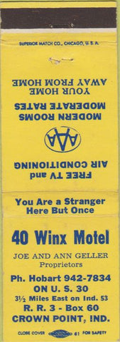 Matchbook Cover - 40 Winx Motel Crown Point IN