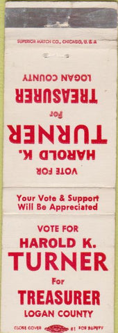 Matchbook Cover - Harold K turner Treasurer Logan County