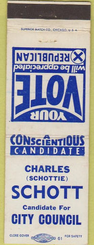Matchbook Cover - Charles Schott City Council