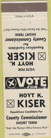 Matchbook Cover - Hoyt K Kiser County Commissioner