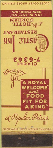 Matchbook Cover - Castle Inn Restaurant Hotel Gorham New York City