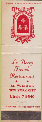 Matchbook Cover - Le Berry French Restaurant New York City