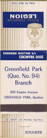 Matchbook Cover - Royal Canadian Legion Greenfield Park QC