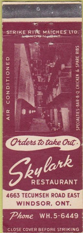 Matchbook Cover - Skylark Restaurant Windsor ON