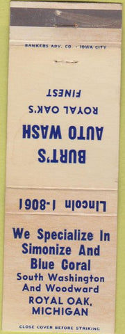Matchbook Cover - Burt's Auto Wash Car Wash Royal Oak MI