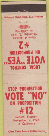 Matchbook Cover - Vote No Proposition 12 California 1948 Alcohol related