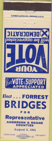 Matchbook Cover - Forrest Bridges Anderson Roane County Rep TN white