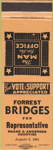 Matchbook Cover - Forrest Bridges Anderson Roane County Rep TN orange