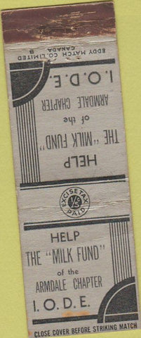 Matchbook Cover - Milk Fund Armdale Chapter Canada WORN