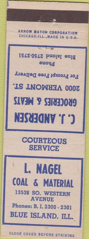 Matchbook Cover - L Nagel Coal Material Blue Island IL Arrow