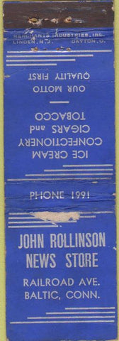 Matchbook Cover - John Rollinson News Store Baltic CT Merchants WORN