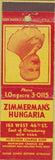 Matchbook Cover - Zimmerman's Hungaria Hungary New York City