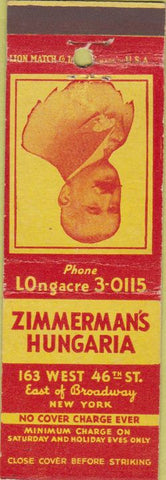 Matchbook Cover - Zimmerman's Hungaria Hungary New York City