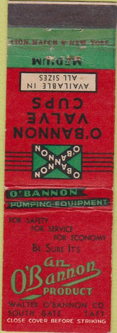 Matchbook Cover - O'Bannon Valve Cups South Gate Taft CA