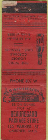 Matchbook Cover - Beauregard Package Store Gardner MA Merchants WORN