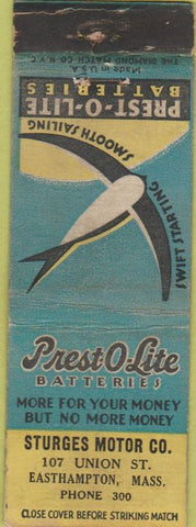 Matchbook Cover - Prest O Lite Car Batteries Surges Motors Easthampton MA WEAR