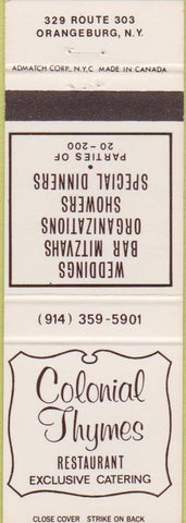 Matchbook Cover - Colonial Thymes Restaurant Orangeburg NY Bar Mitzvah