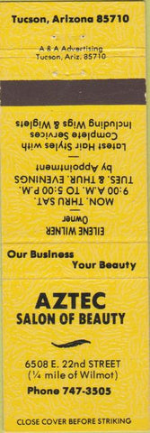Matchbook Cover - Aztec Salon of Beauty Tucson AZ yellow