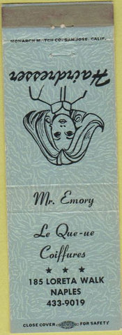 Matchbook Cover - Le Que ue Coiffures salon Naples Island Long Beach CA blue