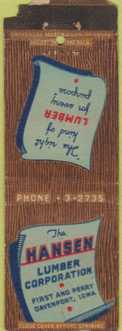 Matchbook Cover - Hansen Lumber Co Davenport IA POOR STRIKER