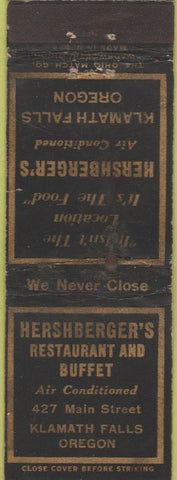 Matchbook Cover - Hershberger's Restaurant Klamath Falls OR WORN