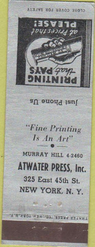 Matchbook Cover - Atwater Press Inc New York City