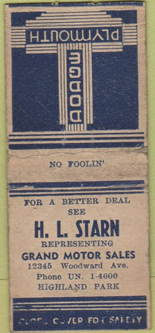 Matchbook Cover - HL Starn Dodge Plymouth BOBTAIL POOR Highland Park