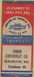 Matchbook Cover - Union Chevrolet Burlington WI BOBTAIL WORN