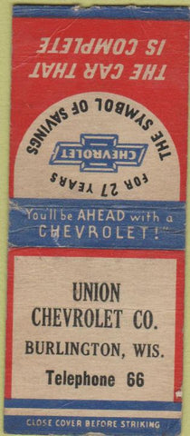 Matchbook Cover - Union Chevrolet Burlington WI BOBTAIL WORN