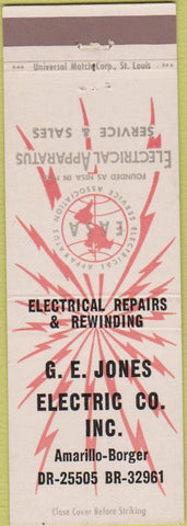 Matchbook Cover - GE Jones Electric Amarillo Borger TX