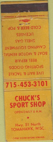 Matchbook Cover - chuck's Sport Shop Tomahawk WI WORN