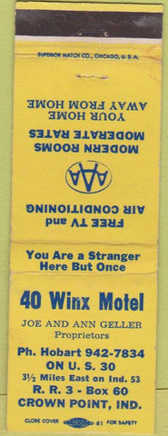 Matchbook Cover - 40 Winx Motel Crown Point IN