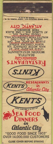 Matchbook Cover - Kents Restaurants Atlantic City NJ