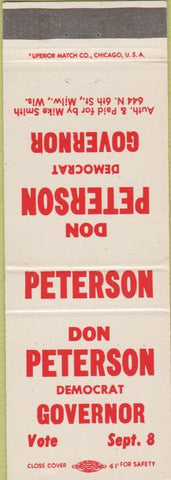 Matchbook Cover - Don Peterson Democrat Governor Election WI Wisconsin