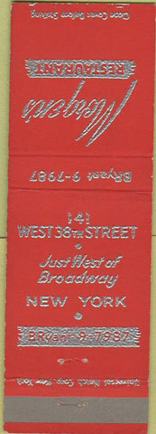 Matchbook Cover - Morgen's Restaurant New York City