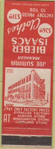 Matchbook Cover - Bieber Isaacs Clothes Syracuse Auburn Binghamton NY