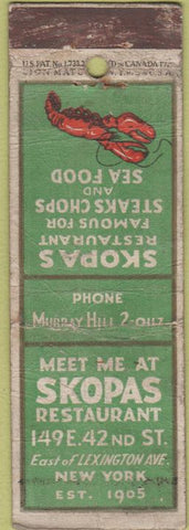 Matchbook Cover - Skopas Restaurant New York City Lobster POOR