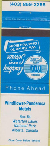 Matchbook Cover - Windflower Ponderosa Motels Waterton Lakes National Park AB