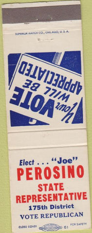 Matchbook Cover - Joe Perosino State Rep Torrington CT WEAR